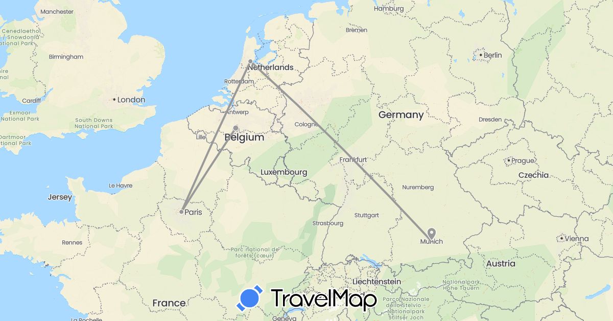 TravelMap itinerary: plane in Belgium, Germany, France, Netherlands (Europe)